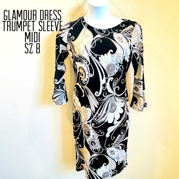 Glamour Dresses & Skirts - Glamour women black white tan floral midi dress trumpet sleeve round neck Sz 8